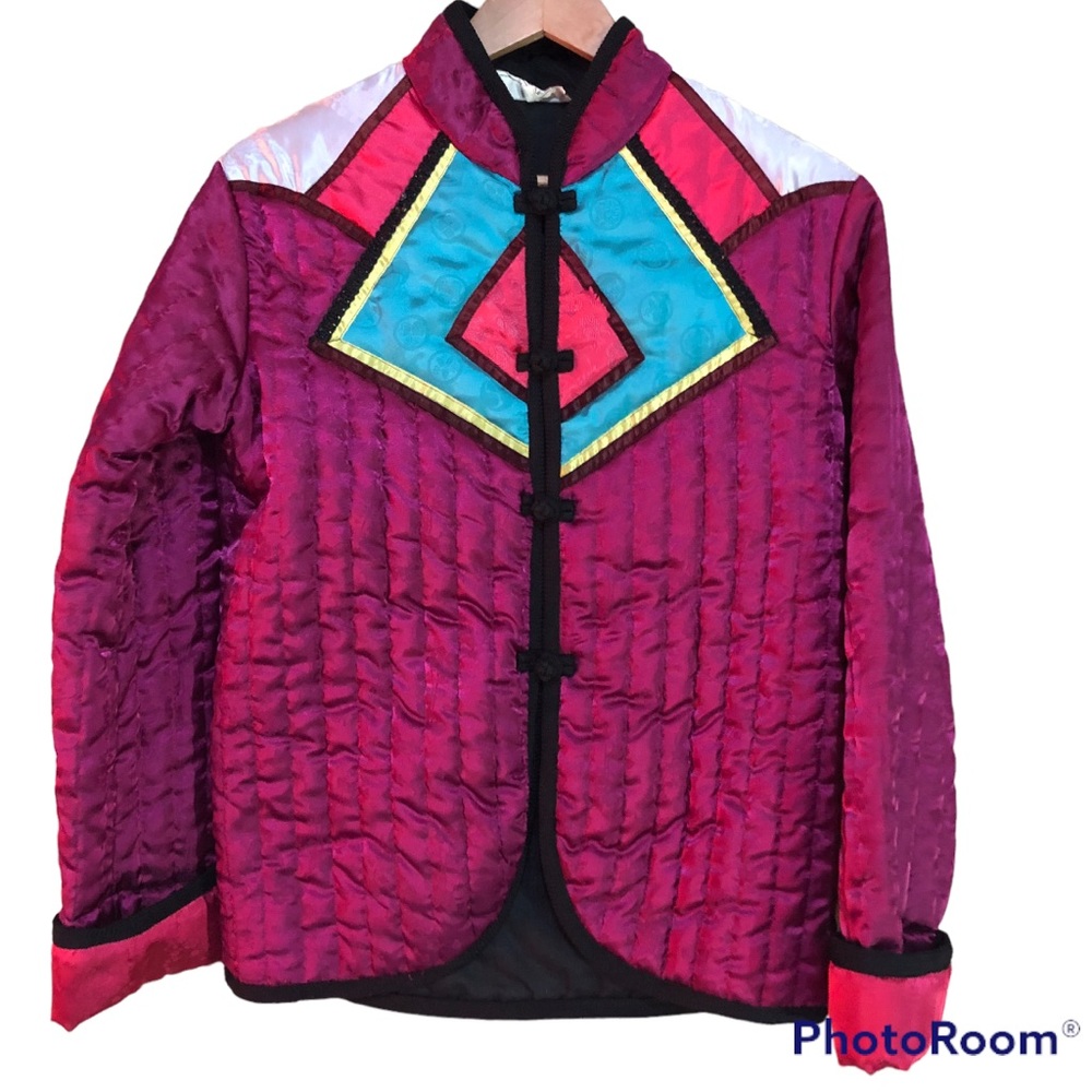 Vintage 60s 70s satin like colorblock floral knot buttons quilted jacket